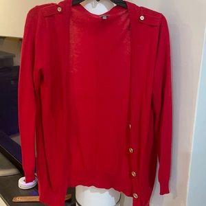 Red cardigan with gold buttons